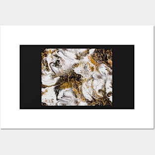 Fluid painting marble pouring image in gold and black and white Posters and Art